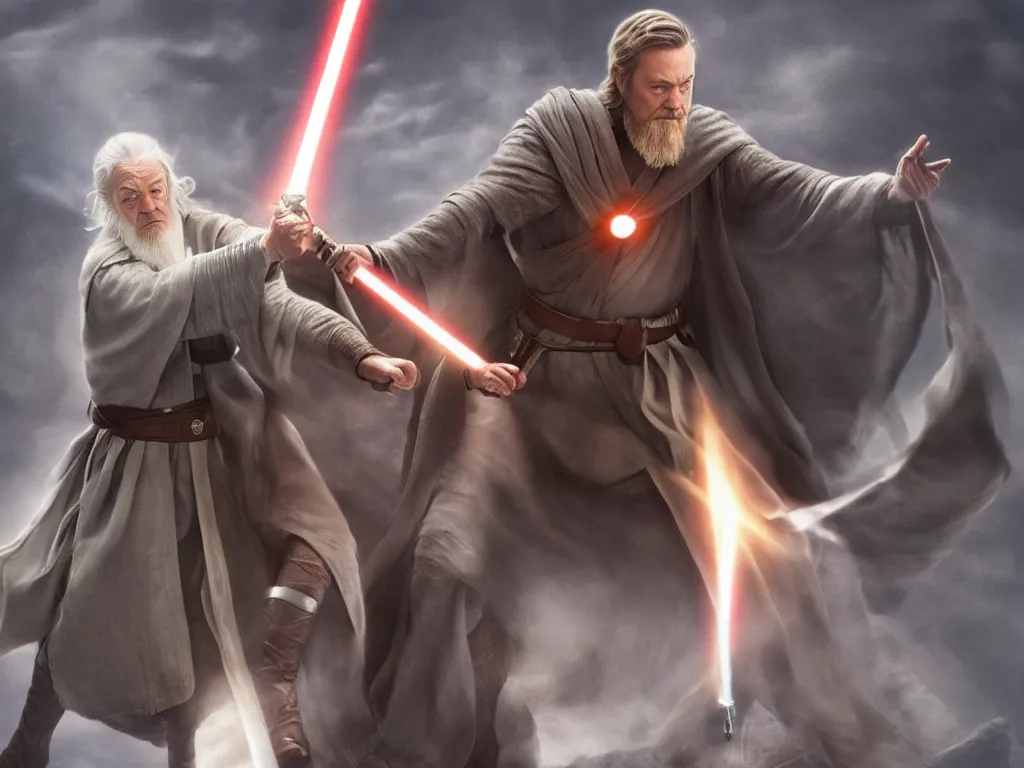 Image similar to Obi Wan fighting Gandalf