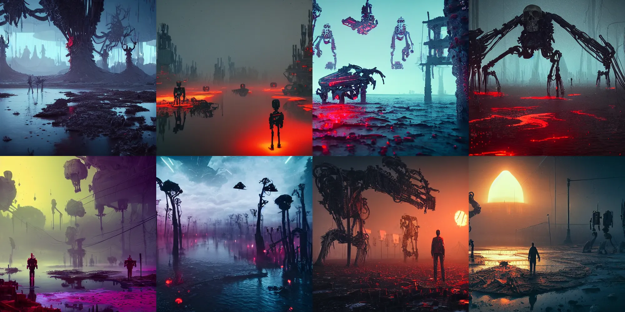 Prompt: beautiful dark bloody flooded landscape, giant human skeleton splattered with blood surrounded by robots, in the style of beeple and Mike Winkelmann, photo real, ultra realistic, intricate, epic lighting, 8k resolution, unreal engine 5, ultraviolet colors,