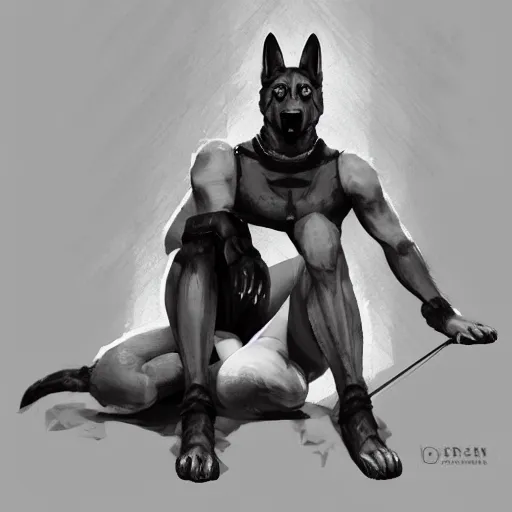 Image similar to a humanoid german shepherd beast - man, wearing gym suit, sitting on a couch, artstation, concept art, smooth, sharp foccus ilustration, artstation