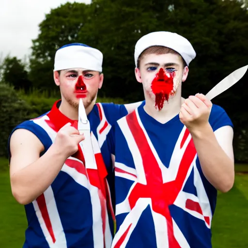 Image similar to mid-shot portrait photograph of two male British chav youths holding knives, with white powder on their faces, wearing the Union Jack, and wearing fez caps, high quality