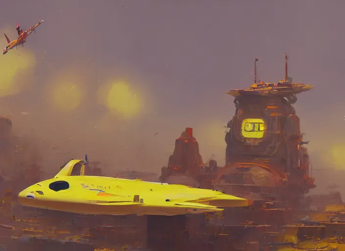 Image similar to a painting of a futuristic yellow submarine plane flying through the sky, red wings, concept art by Ian McQue, cgsociety, highly detailed, artstation, concept art, sci-fi