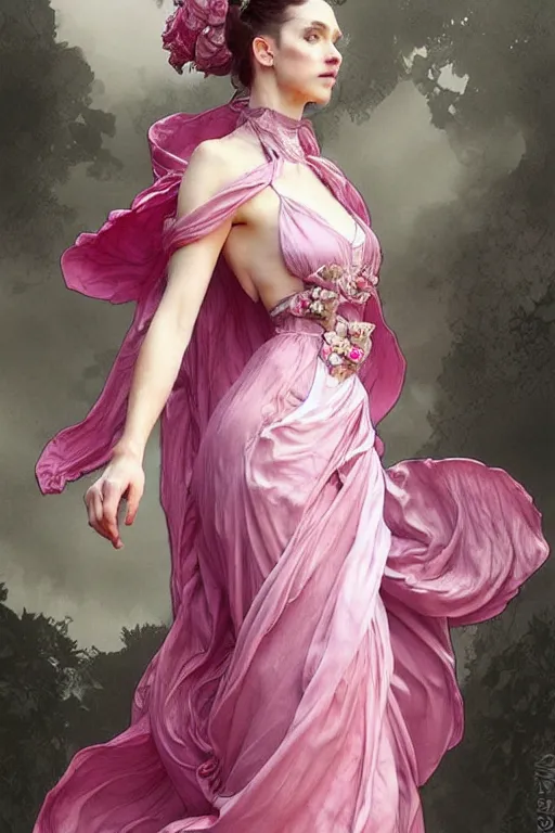 Image similar to woman dressed in a vaporous wrapped large victorian pink roses silk semi-transparent dress fashion is running D&D, fantasy, intricate, elegant, highly detailed, digital painting, artstation, concept art, matte, sharp focus, illustration, art by Artgerm and Greg Rutkowski and Alphonse Mucha