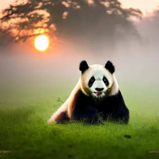 Prompt: beautiful photo of a panda in the early hours of the morning with morning fog and dew on the grass. sunrise. nature. photography. national geographic. detailed face and fur, ultra hd, sharp. volumetric lighting, hasselblad. nikon z 9. 1 0 0 mm. f / 2. 5