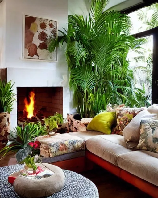 Prompt: cosy living room with fireplace and tropical plants