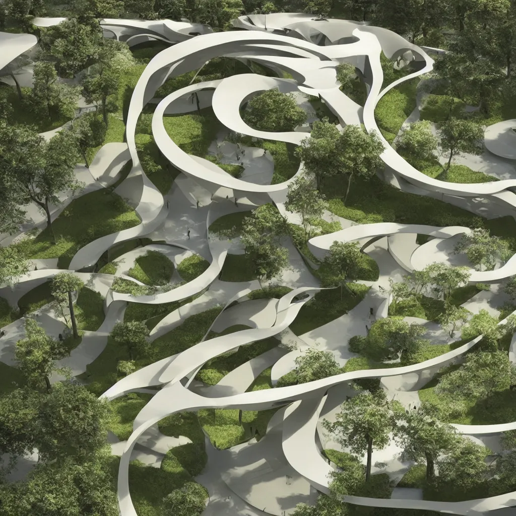 Image similar to “ an incredibly smooth curvilinear architectural sculpture, unfolding continuous golden surfaces enclose a visually interesting garden designed by zaha hadid, architecture render ”