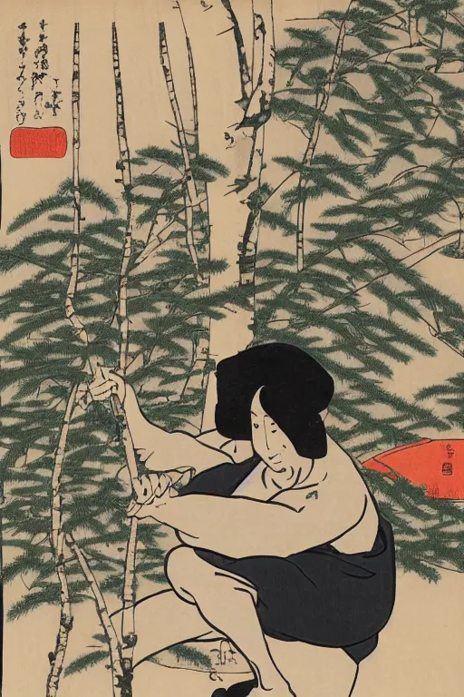 Image similar to Ukiyo-e art of squatting man in black Adidas tracksuit, birch trees