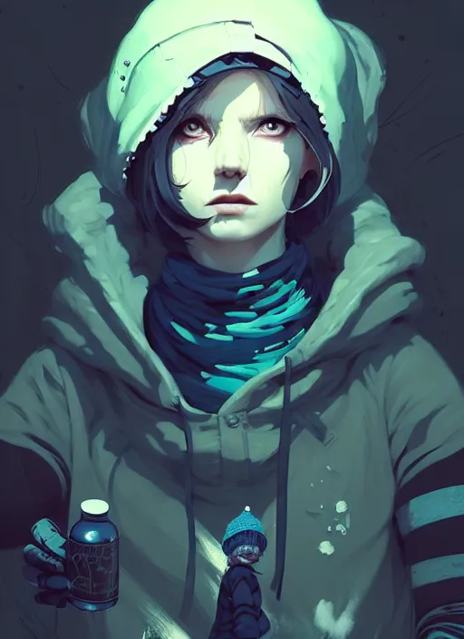 Image similar to highly detailed portrait of a sewer punk swedish lady, hoodie, white hair by atey ghailan, by greg rutkowski, by greg tocchini, by james gilleard, by joe fenton, by kaethe butcher, gradient blue, black, brown and cyan color scheme, grunge aesthetic!!! ( ( graffiti tag wall background ) )