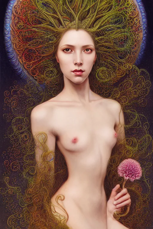 Prompt: portrait of a young female wizard in flowing sensual dress, arrogant, long fine flowing hair, delicate, looking at camera, slight nerdy awkward smile, realistic face, stylish, elegant, grimdark fantasy, flowers, mysterious, extremely detailed painting inspired by Gerald Brom and Ernst Haeckel and Victor Nizovtsev, studio lighting