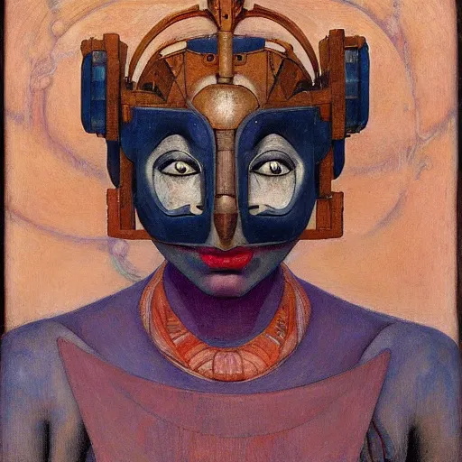 Prompt: the robot queen wearing her bird mask, by annie swynnerton and diego rivera and elihu vedder and lucien freud and jean delville, symbolist, dramatic lighting, elaborate geometric ornament, head and shoulders view, art brut, soft cool colors, smooth, sharp focus, extremely detailed, adolf wolfli, leo and diane dillon, nicholas roerich