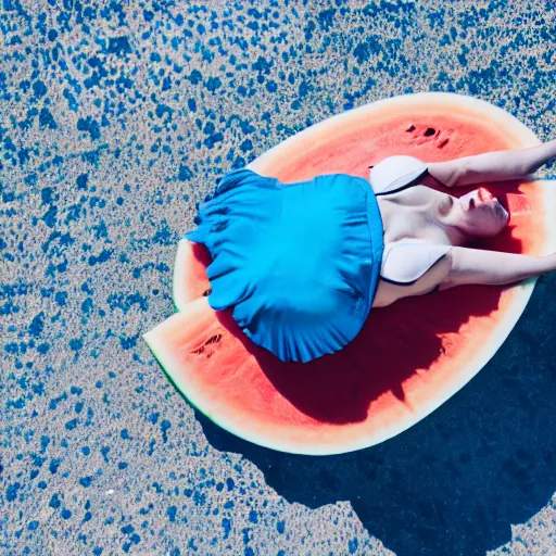 Image similar to cinematic photo of a beautiful albino watermelon woman lit with saturated split colour blue and dusty pink lighting sunbathing by the pool
