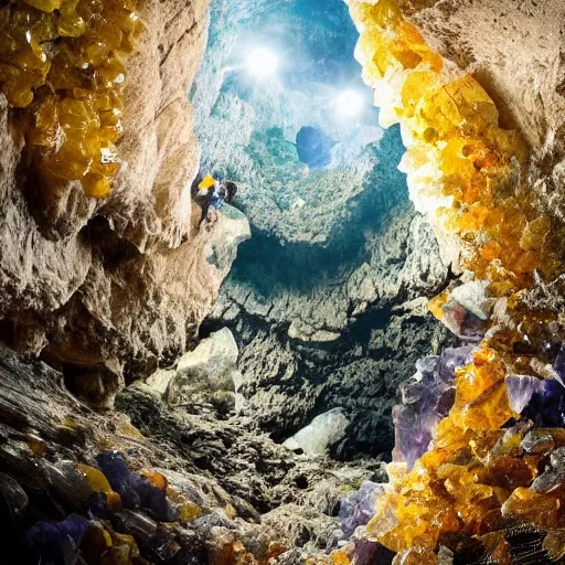 Prompt: 8 k ultra high definition david attenborough nature documentry footage vast underground lake cave exploration giant amethyst and citrine crystals