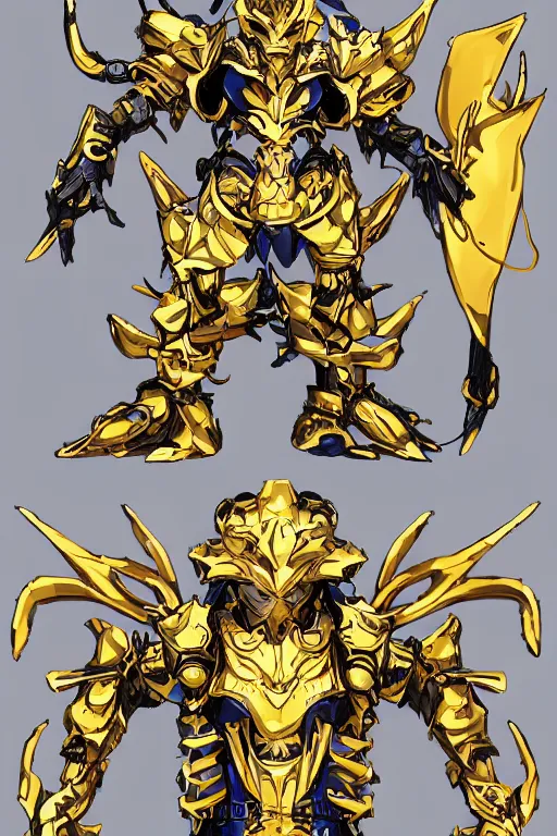 Image similar to a anime showing the new golden armor zodiac Knight by tatsuya Yoshikawa artist Rendering the frog constellation armor . full of details, by utsurowazaru mono and jet set radio , ,concept art, trending on artstation and cell shading
