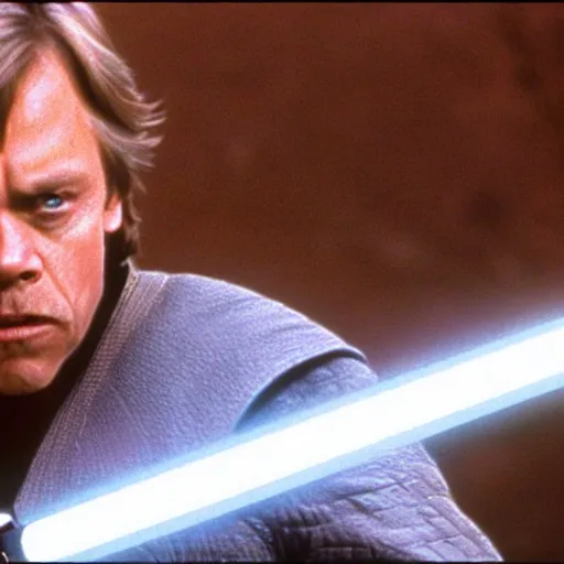 Prompt: a still from a film featuring middle aged mark hamill as jedi master luke skywalker, holding a green lightsaber by the hilt, full body, 3 5 mm, directed by steven spielberg, 1 9 9 4