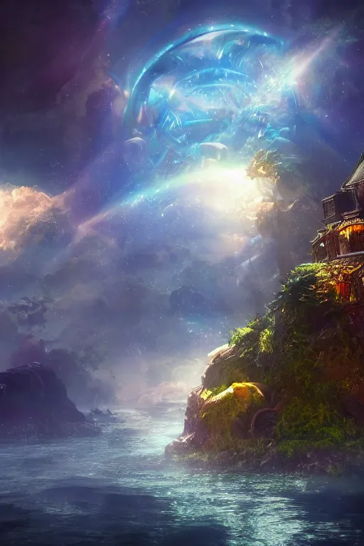 Prompt: A magical fantasy island floating through space, dramatic lighting, cinematic, establishing shot, extremely high detail, foto realistic, cinematic lighting, post processed, concept art, high details, cinematic, 8k resolution, beautiful detailed, photorealistic, digital painting, artstation, concept art, smooth, sharp focus, artstation trending, octane render, unreal engine