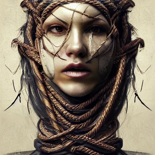 Image similar to portrait of a Shibari rope wrapped face and neck, headshot, insanely nice professional hair style, dramatic hair color, digital painting, of a old 17th century, old cyborg merchant, amber jewels, Art Nouveaux, ornate clothing, scifi, realistic, hyperdetailed, chiaroscuro, concept art, art by Franz Hals and Jon Foster and Ayami Kojima and Amano and Karol Bak,