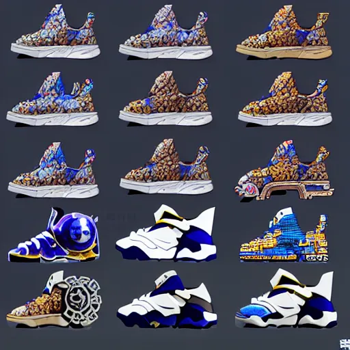 Image similar to fantasy jrpg sneaker design designed by capcom megaman, chrono trigger guilty gear sneaker styles, aztec mayan street fashion native punk sneaker design, focus on megaman hip hop sneaker design with subtle mayan patterns, trending on pixiv fanbox, painted by akira toriyama and studio ghibli princess mononoke megaman capcom