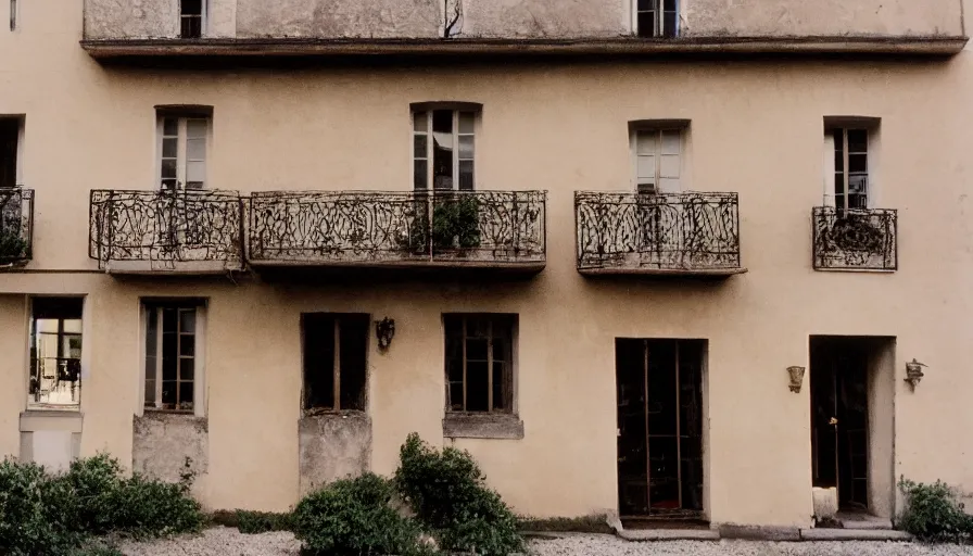 Image similar to 1 9 7 0 s movie still of a french style townhouse who is burning in a small french village, cinestill 8 0 0 t 3 5 mm, heavy grain, high quality, high detail, dramatic light, anamorphic, flares