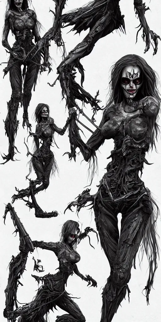 Image similar to female wraith, undead, dynamic pose, skull, terrifying, dark, fog, artstation