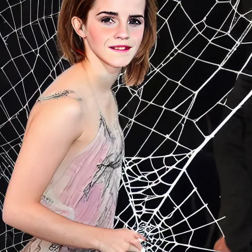 Image similar to emma watson suspended from and stuck in a giant spider web