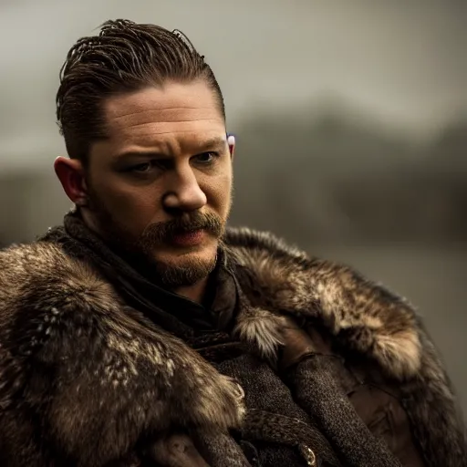 Prompt: A cinematic film still of Tom Hardy starring as Eddard Stark, portrait, 40mm lens, shallow depth of field, split lighting, cinematic