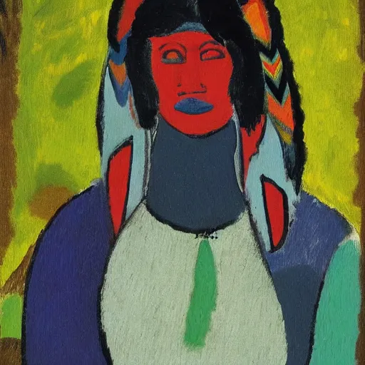 Image similar to painting of, young native american woman, full clothes on, in a jungle, by alexej von jawlensky