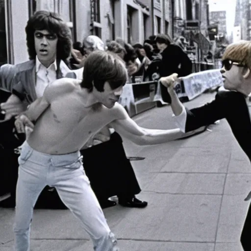 Image similar to Mick Jagger fighting Elton John in the street. 1978. Still from CNN broadcast news