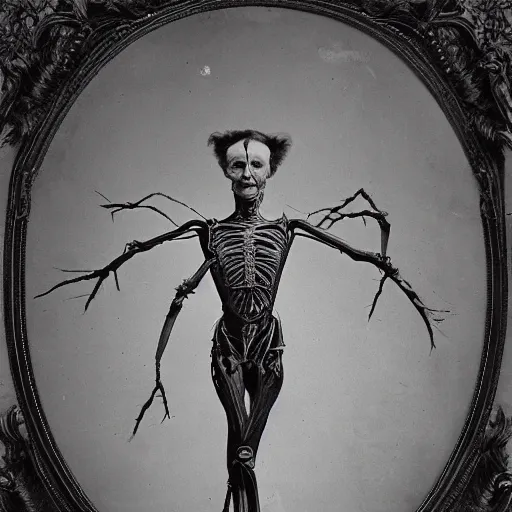 Prompt: 1860 photo of an old freak show body spider-woman, on the middle of a forest, spooky , veins, arteries, intricate, golden ratio, full frame, elegant, highly detailed, ornate, ornament, sculpture, elegant , luxury, beautifully lit, ray trace, 3d, PBR