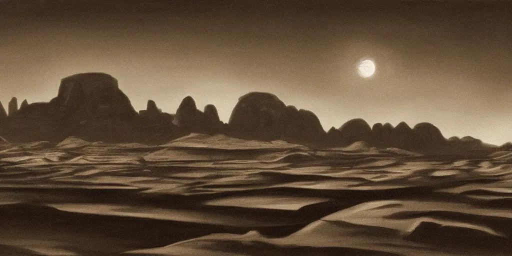 Image similar to a realistic rooftop sepia - toned painting of wadi rum at night, dark, brooding, atmospheric, lovecraft