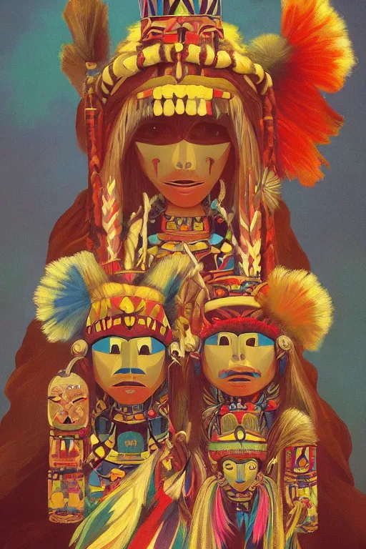 Image similar to A beautiful painting of Hopi kachina dolls, symmetrical features, cinematic lighting, soft bokeh, fantasy, modern, colourful, highly detailed, digital painting, artstation, deviantart, concept art, sharp focus, illustration, by alphonse mucha and Edward Hopper