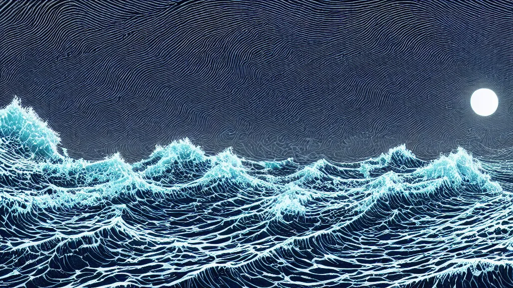 Image similar to highly detailed illustration of high exposure ocean waves at night by moebius, nico delort, oliver vernon, kilian eng, joseph moncada, damon soule, manabu ikeda, kyle hotz, dan mumford, otomo, 4 k resolution