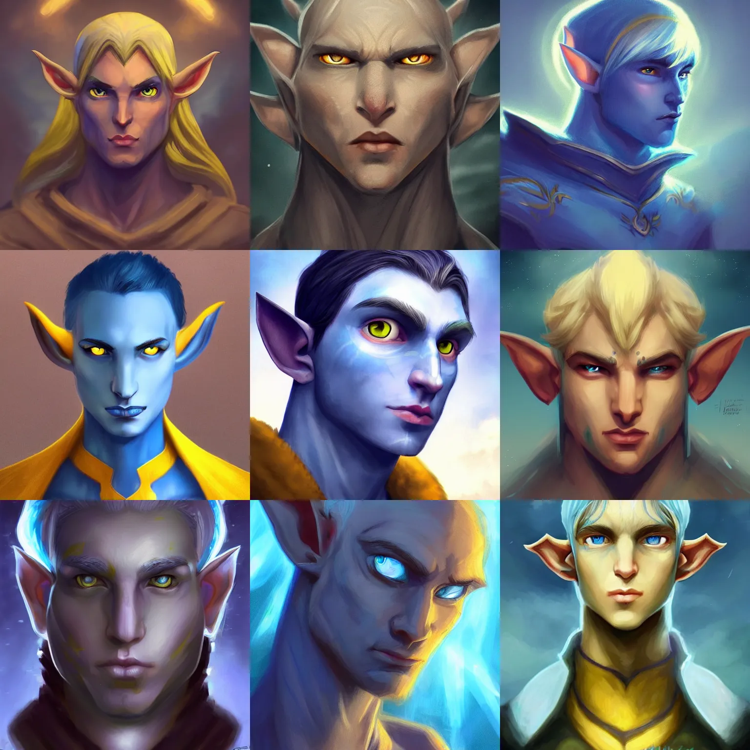 Prompt: A blue skinned male elf with yellow eyes, noble, forwards facing, centered, profile shot, fair, fantasy concept art, beautiful, mystical eyes, magical lighting, mystical, shimmers, nature, Artstation, instagram