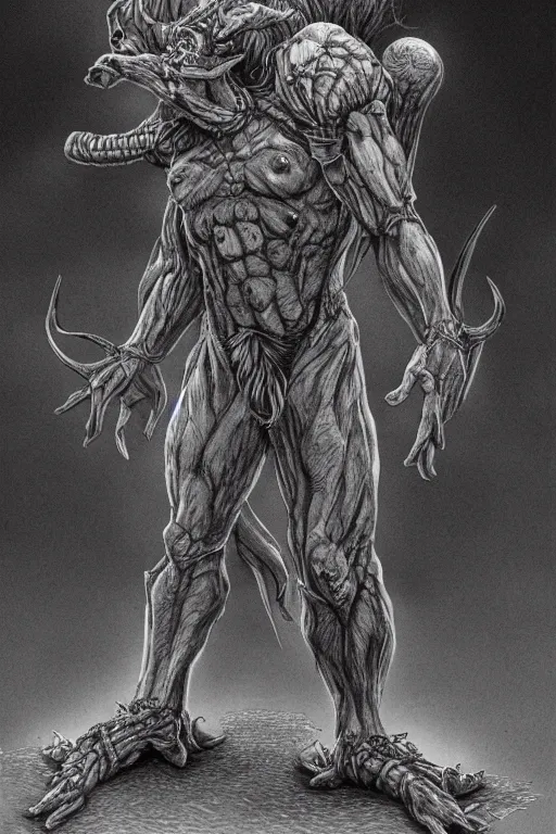 Prompt: humanoid hunched figure troll with 1 horn, fantasy, highly detailed, digital art, sharp focus, trending on art station, kentaro miura manga art style