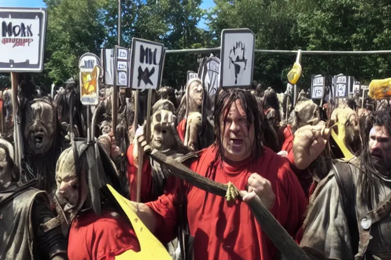 Image similar to cellphone photograph of lord of the rings uruk - hai and orcs protesting the working conditions at a mcdonalds parking lot in the daylight. dirty mcdonalds uniforms, aprons. picket signs and battleaxes in hand