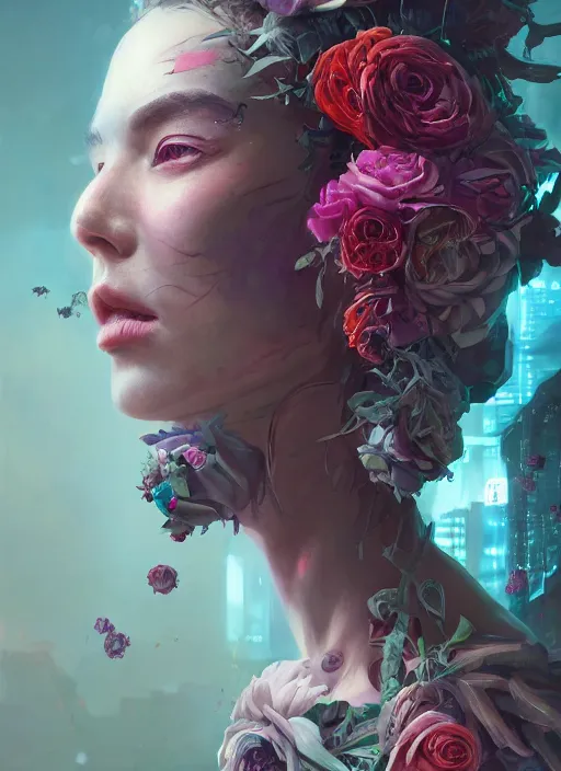 Image similar to portrait of a seductive female with flowers, cyberpunk cyborg. roses, muted colors, sci fi, intricate abstract upper body intricate artwork, by tooth wu, wlop, beeple, dan mumford. concept art, octane render, deviantart, greg rutkowski, cinematic arthouse, key art, hyper realism