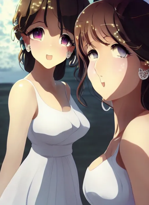 Prompt: two beautiful mothers outside in the evening, white dresses, gorgeous faces, thick lines, cinematic lighting, detailed anime art