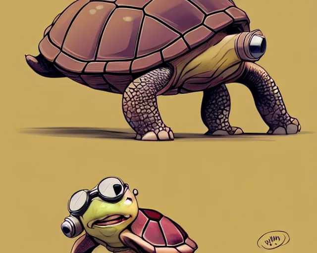 Prompt: cell shaded cartoon of an adorable turtle with a bulldog's head wearing goggles, concept art by josan gonzales and wlop, by james jean, victo ngai, david rubin, mike mignola, deviantart, art by artgem