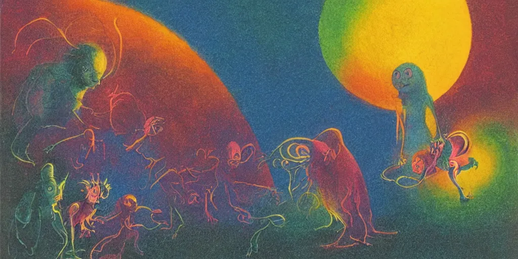 Image similar to dawn of creation; first atom; beings of light and darkness; ethereal plane. Bright neon colors. illustrated by maurice sendak and Stephen Gammell and ERIC CARLE