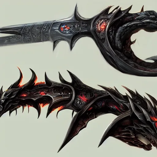 Image similar to concept art of dragon blade, blade design, fantasy blade, fantasy, behance, pinterest, deviantart, artstation, weapons concept art, design, rpg, weapon, detailed, digital art, incredible, digital painting