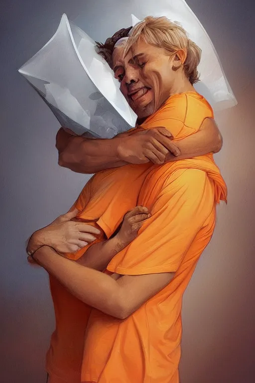 Image similar to portrait of tinfoil hat man in orange t - shirt hugging from behind his wife in a bed, feelings, romantic, fantasy, intricate, elegant, highly detailed, digital painting, artstation, concept art, smooth, sharp focus, illustration, art by artgerm and greg rutkowski and alphonse mucha