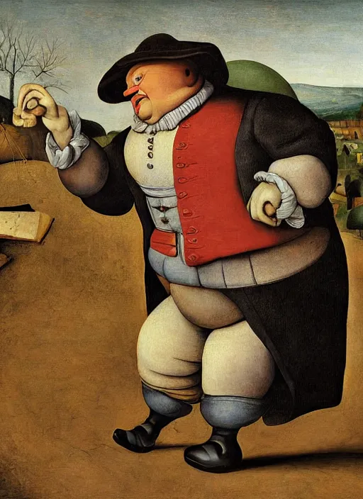 Prompt: full body detailed painting of silly round humpty dumpty with jack black facial expression, realistic, pieter brueghel