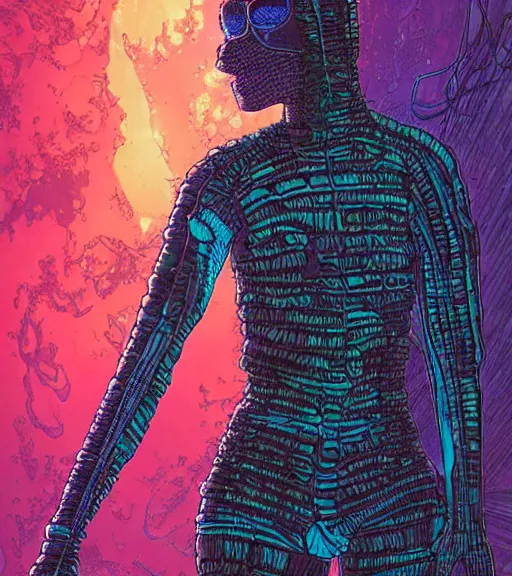 Image similar to a cyberpunk diver Polynesian woman swims through a dark bioluminescent alien coral reef, techwear, Industrial Scifi, detailed illustration, character portrait, by Martin Grip and Moebius