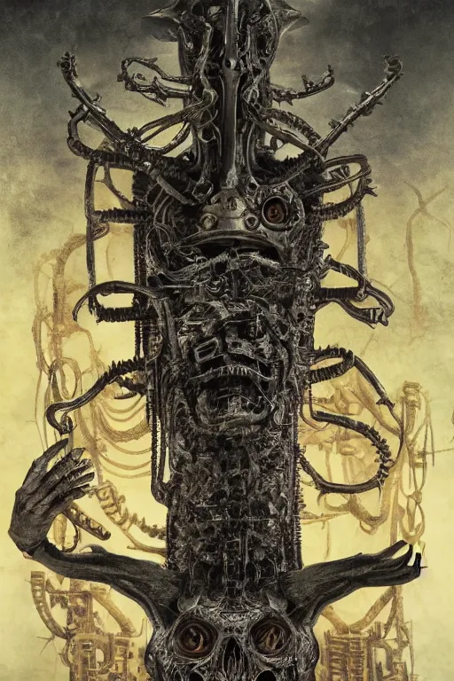 Image similar to Moloch, whose mind is pure machinery, eerie, sinister, horror, illustrated by Anne Stokes and H R Giger and Adrian Borda, super detailed, 4k, 8k