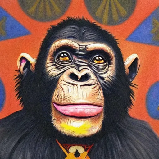 Image similar to portre of an autistic demonic chimpanzee on acid, masonic and kabalistic symbols in background, oil painting