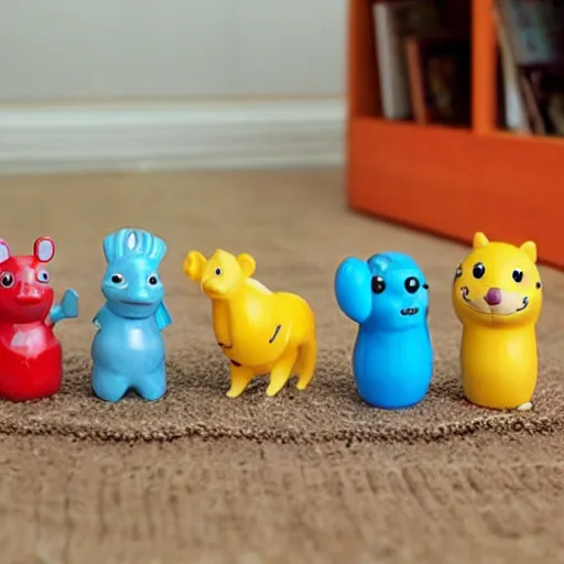 Prompt: some cute plastic toys that look like animal that are dressed as other animal characters, forest colors