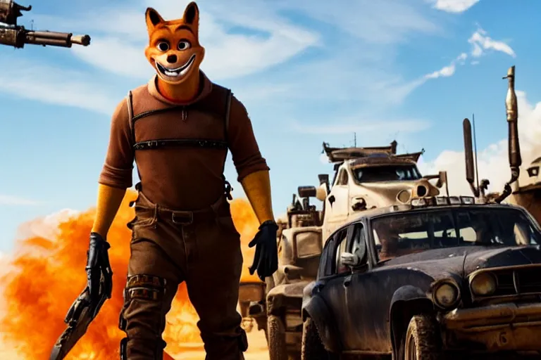 Image similar to nick wilde, heavily armed and armored facing down armageddon in a dark and gritty reboot from the makers of mad max : fury road