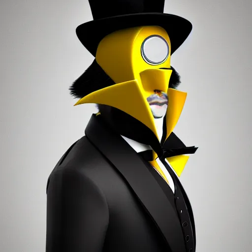 Prompt: a highly detailed portrait of a man in a high top hat covering his face, in a black tailcoat with a yellow waistcoat under the tailcoat, artstation, deviantart, professional, octane render, unreal engine 5