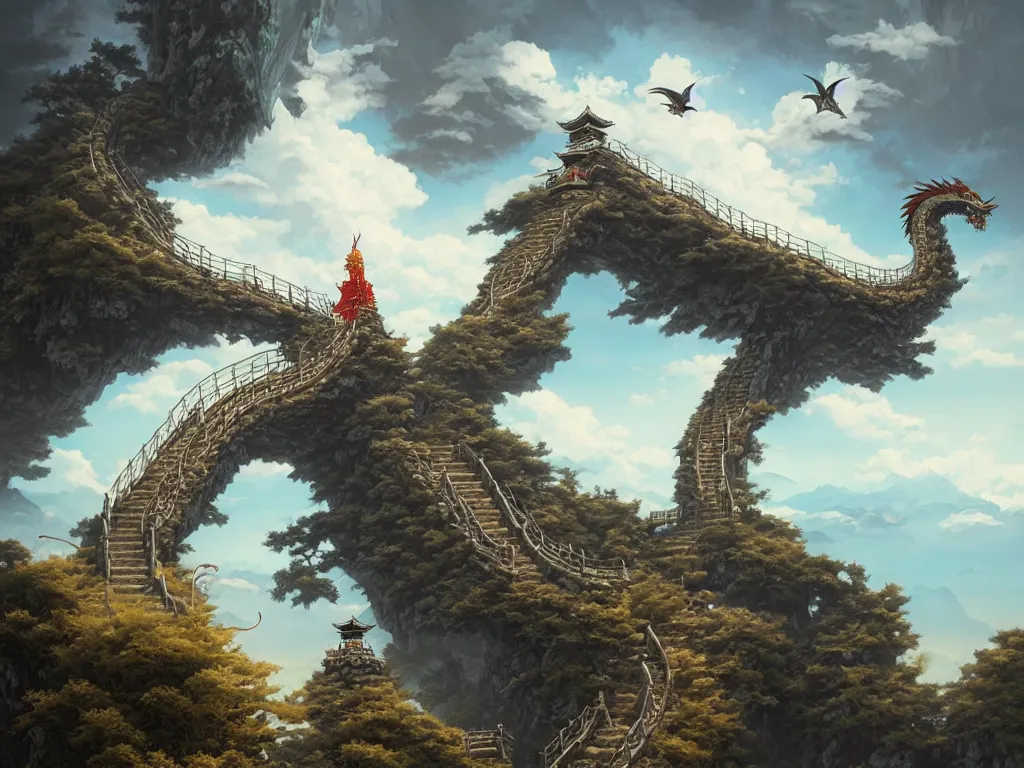 Image similar to a simple shinto gate stands atop stone stairs on a mountain, a single chinese dragon by toriyama akira flies in the clouds above by peter mohrbacher and dan mumford and nekro, cgsociety, volumetric light, 3 d render