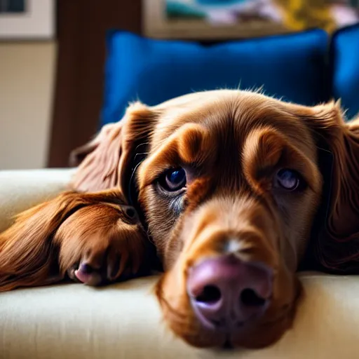 Prompt: a cute spaniel, Labrador and golden retriever spread out on a plush blue sofa. Award winning photograph, soft focus, depth of field, rule of thirds, style of Vogelsang, Elke