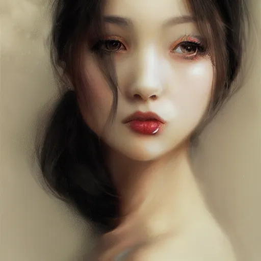 Prompt: a beautiful girl by wlop, black hair, dream, closeup, high detailed, ultra - realistic painting.