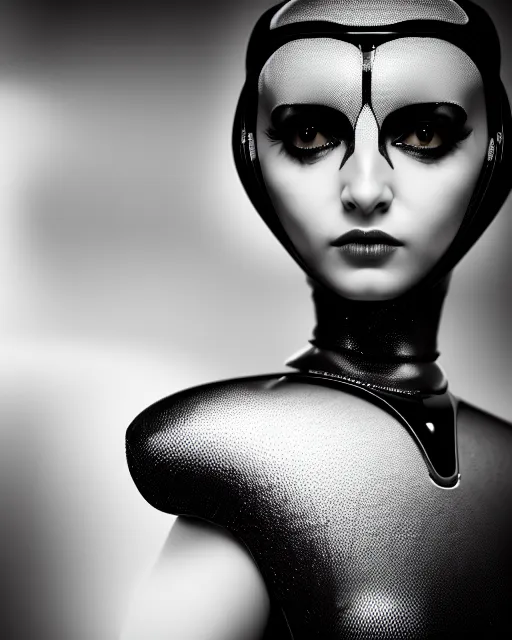 Image similar to surreal mythical dreamy dark artistic black and white fine art 3 / 4 fashion portrait photo of a young beautiful delicate female robot - owl with orchid - doll face, rim light, cinematic, studio dramatic light, poetic, masterpiece, octane render, 8 k, photo - realistic by gustave dore hg giger and man ray